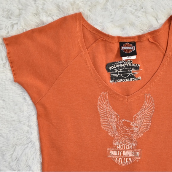 Harley Davidson Orange Embroidered Eagle T-Shirt - Picture 4 of 6